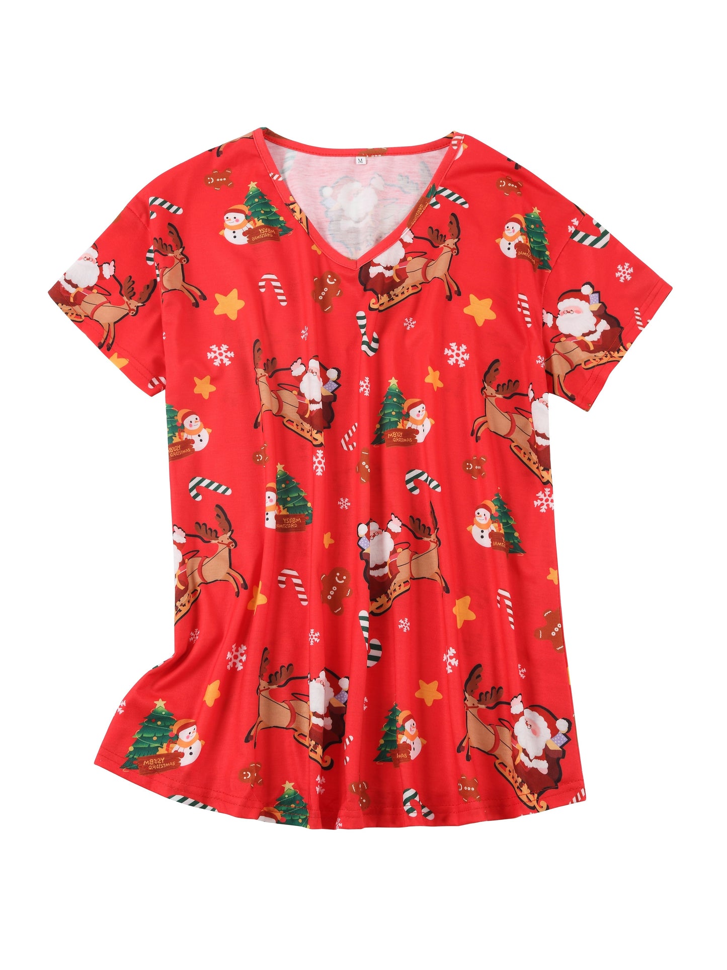 Plus Size Christmas Pajama Set with V-Neck Top and Printed Pants