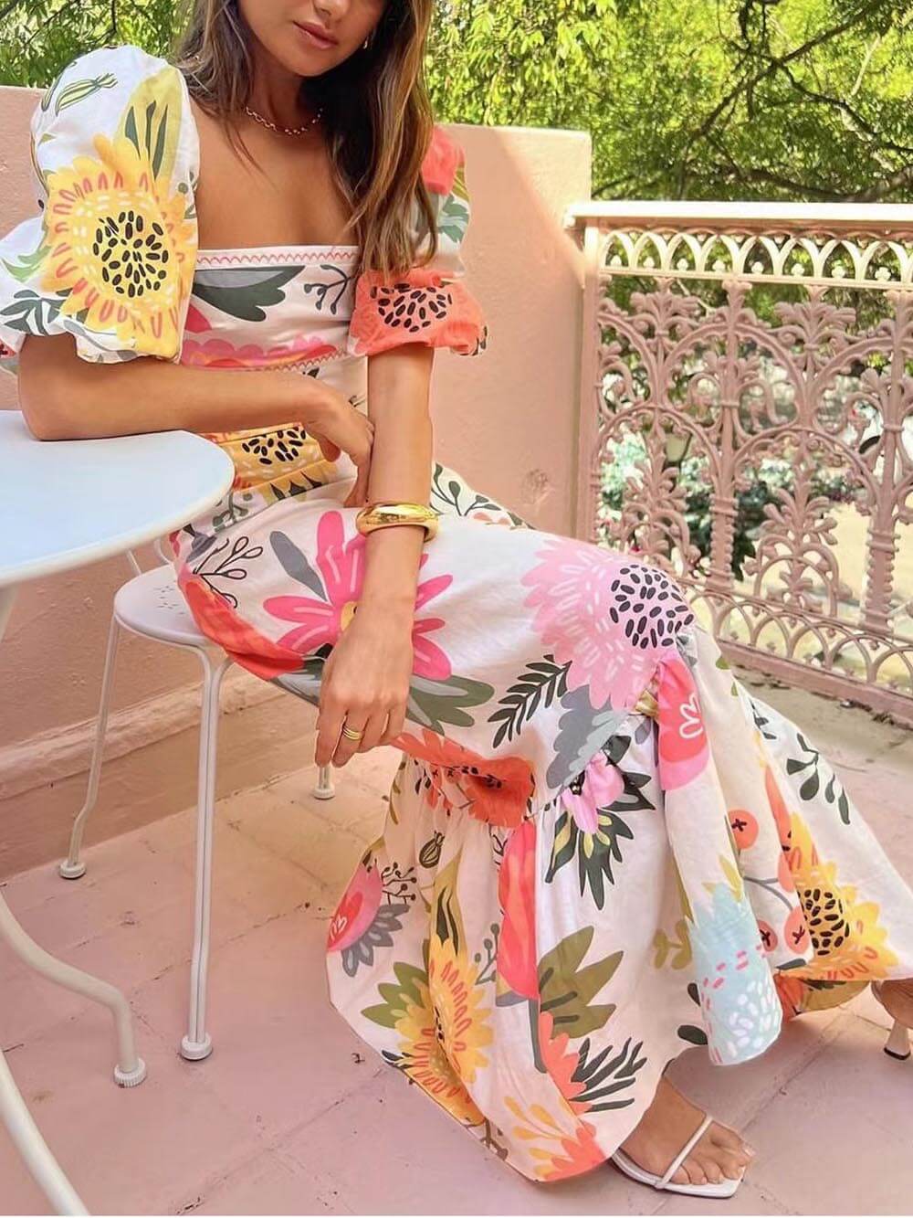 Elegant Floral Maxi Dress with Puff Sleeves