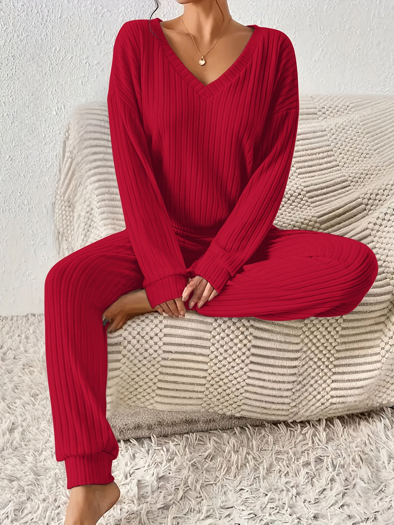 Women’s Ribbed V-Neck Loungewear Set – Two-Piece Solid Color