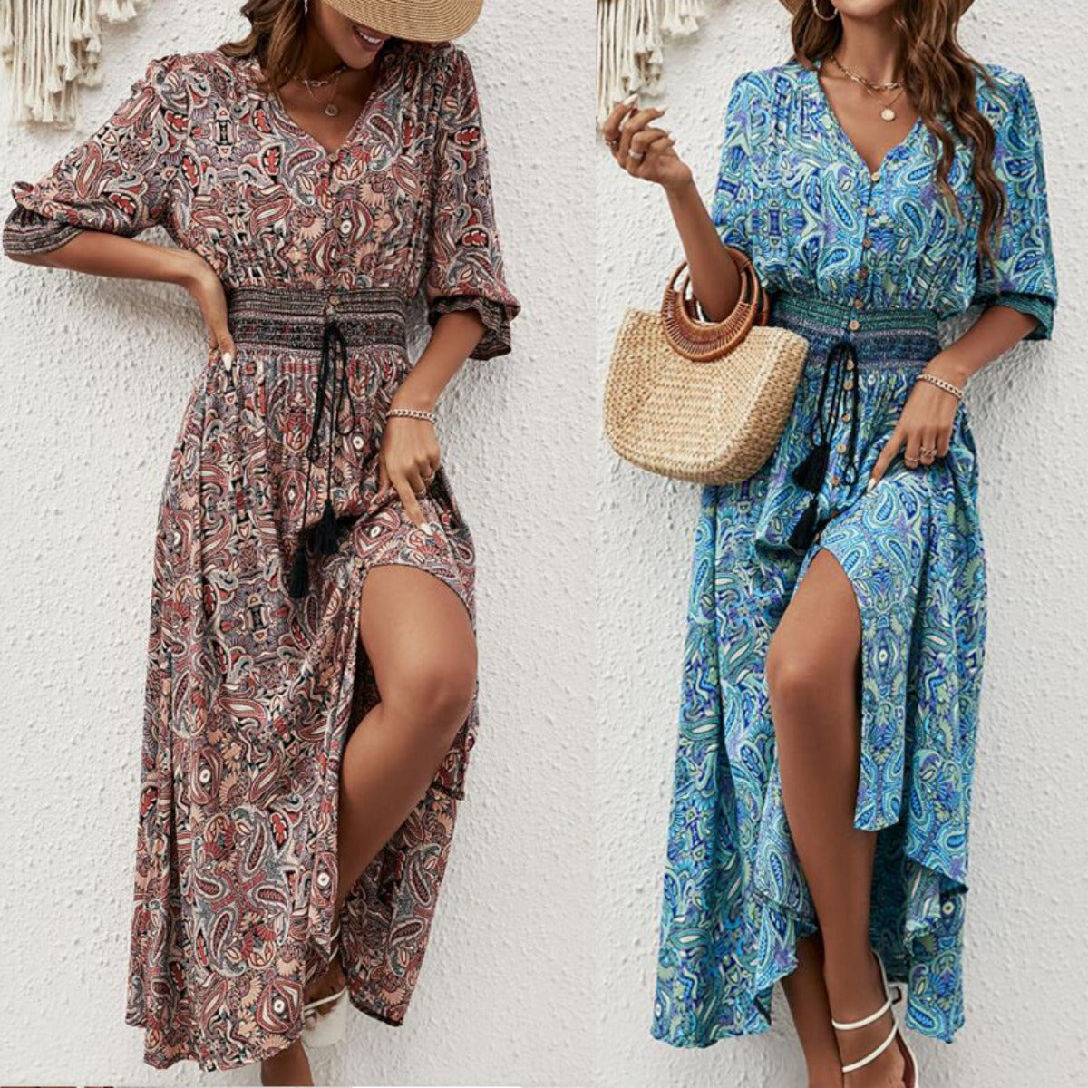 Printed Long Dress with Lantern Sleeves and Waist Tie