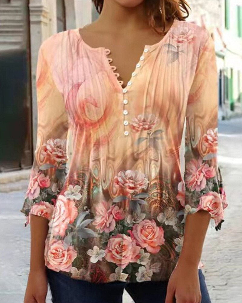 Women's Printed V-Neck Long Sleeve Blouse