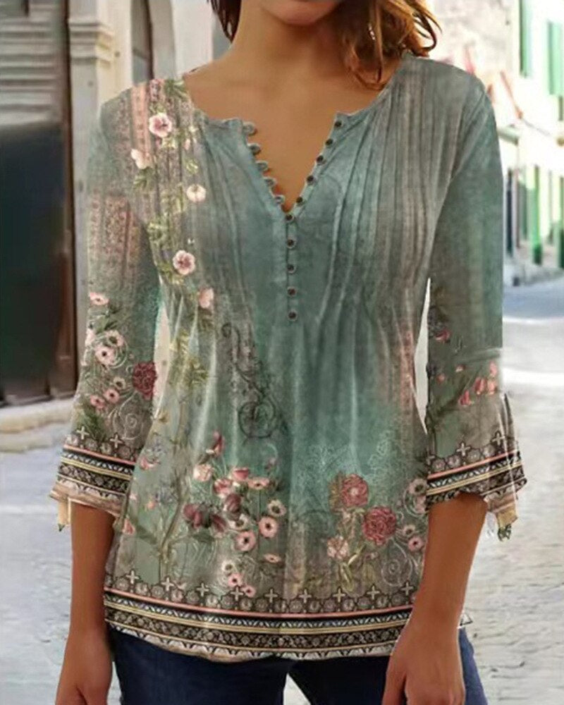 Women's Printed V-Neck Long Sleeve Blouse