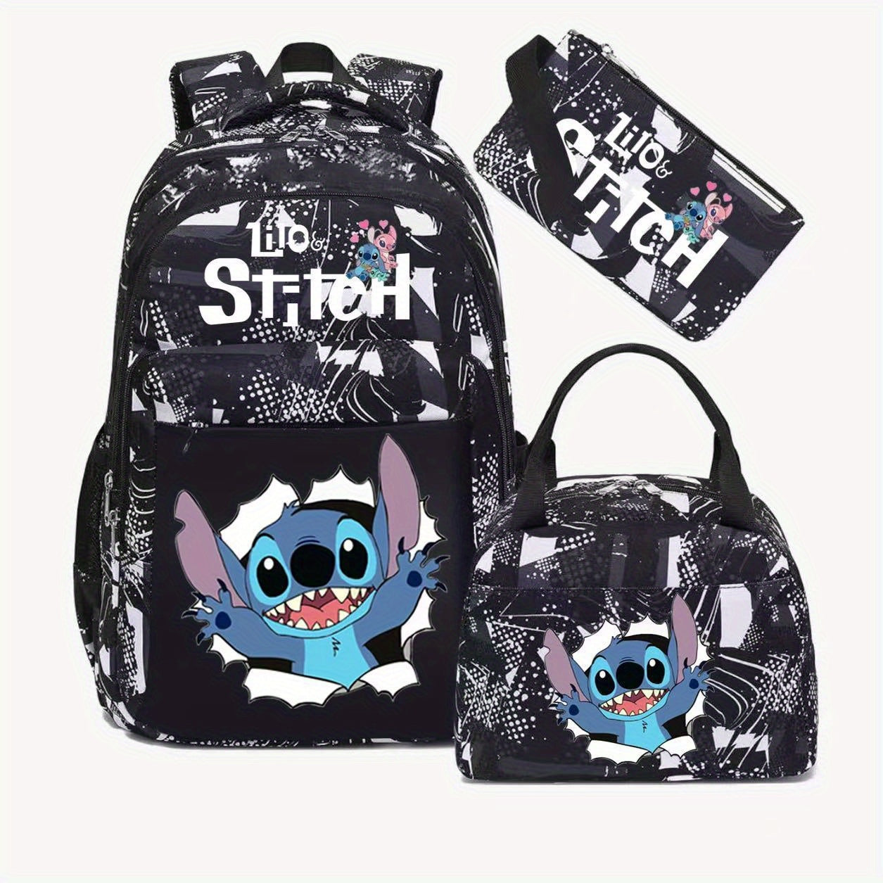 3-Piece Backpack Set with Character Print and Striped Design