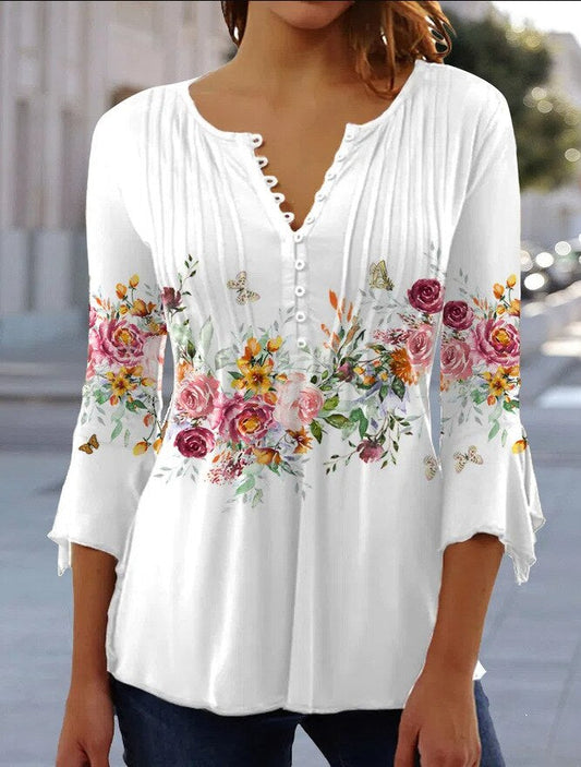 Women's Printed V-Neck Long Sleeve Blouse