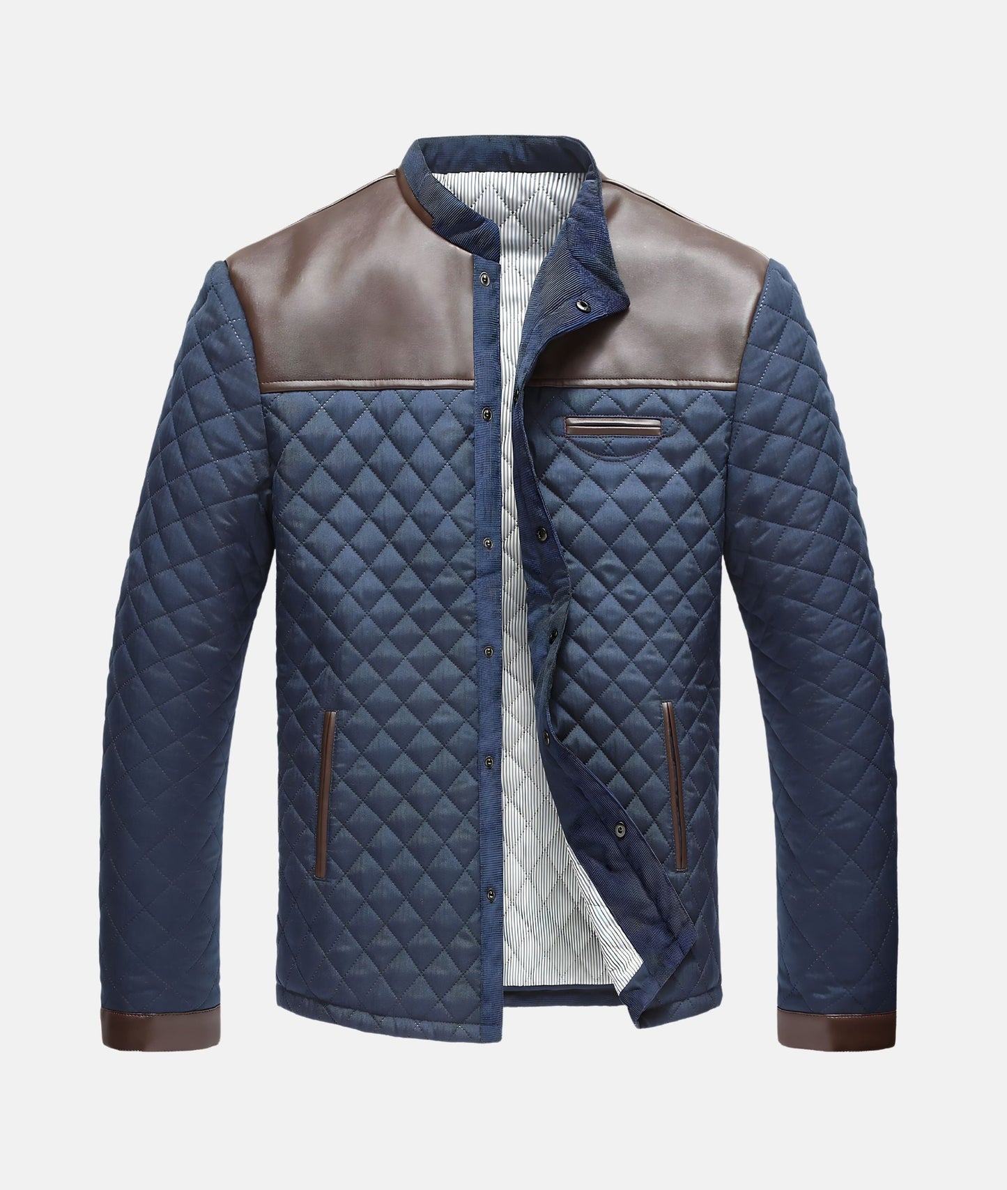 Men's Collarless Quilted Jacket with Shoulder Panel Design
