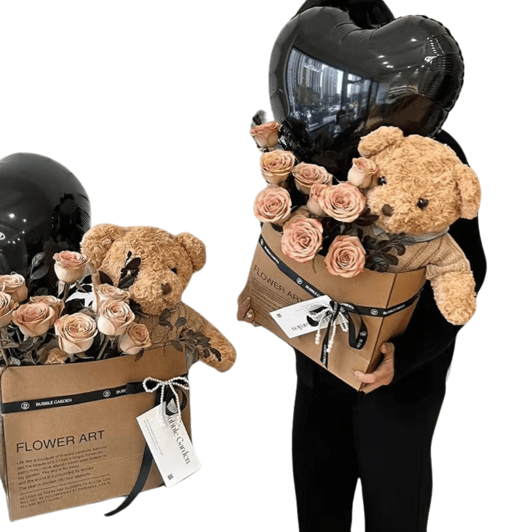 Rose Bouquet Gift Set with Plush Bear and Heart Balloons