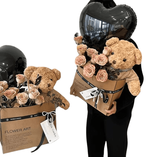 Rose Bouquet Gift Set with Plush Bear and Heart Balloons