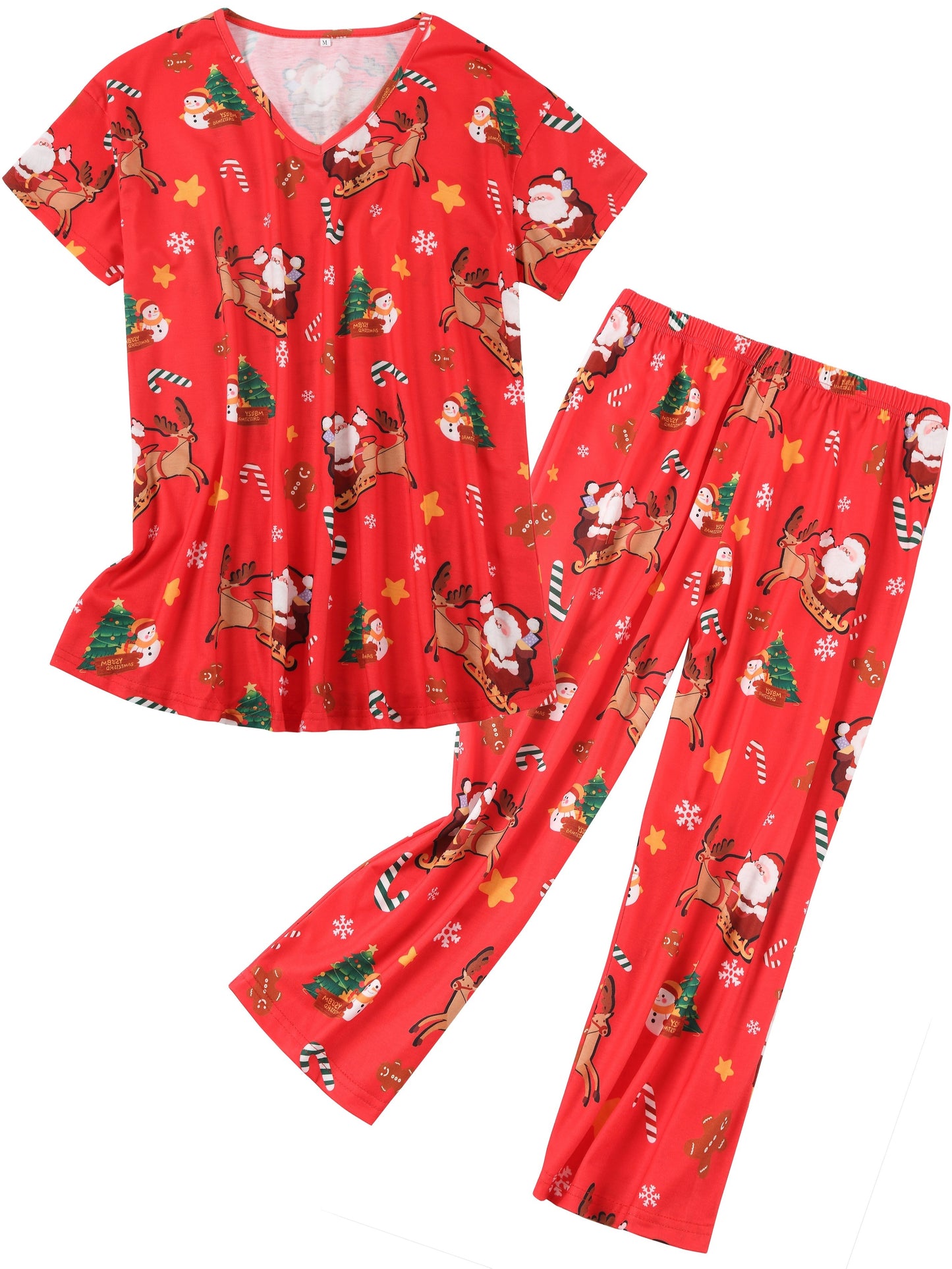 Plus Size Christmas Pajama Set with V-Neck Top and Printed Pants