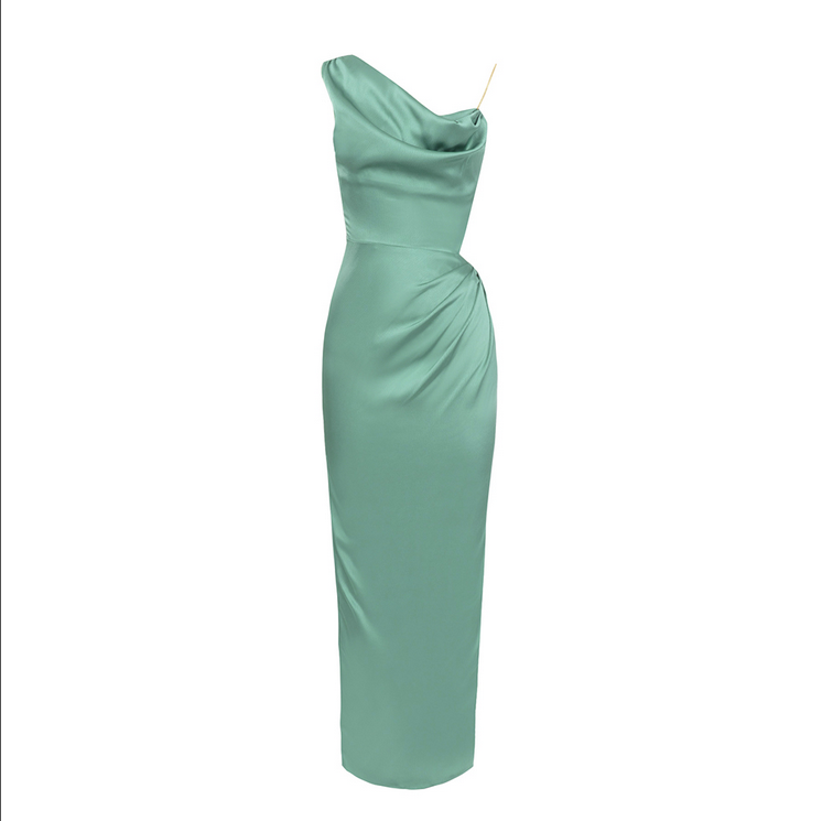 Asymmetrical Khaki Maxi Dress with High Slit