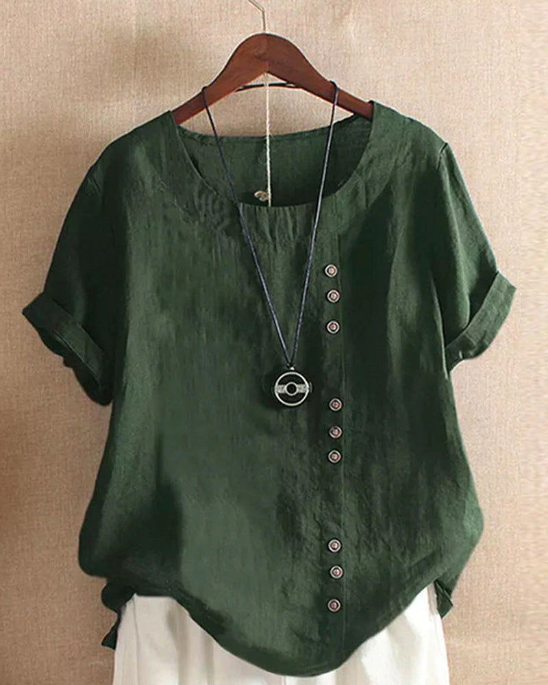 Short Sleeve Cotton Blouse with Button Detail