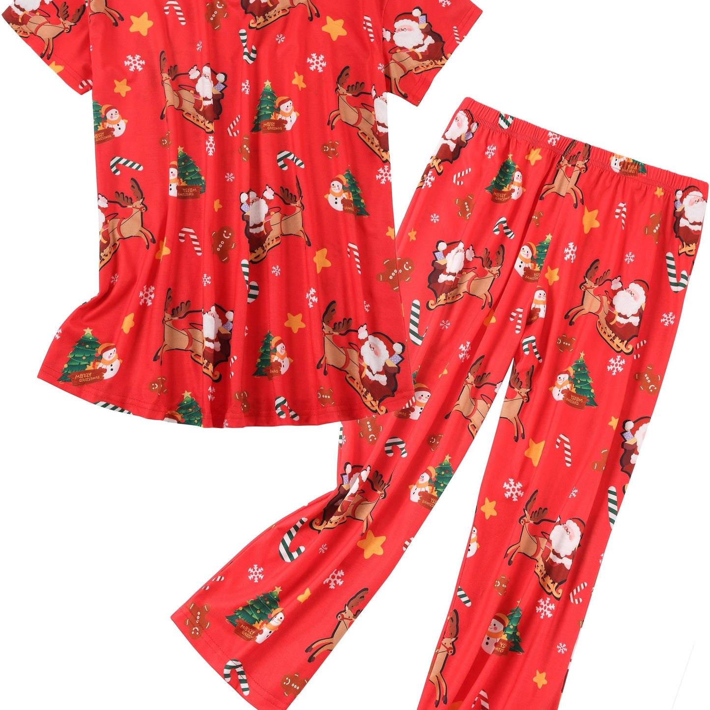Plus Size Christmas Pajama Set with V-Neck Top and Printed Pants