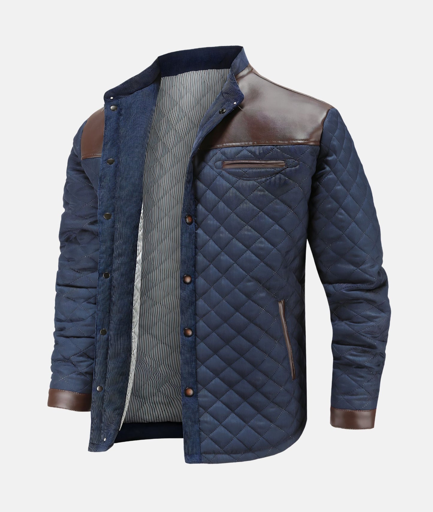 Men's Collarless Quilted Jacket with Shoulder Panel Design