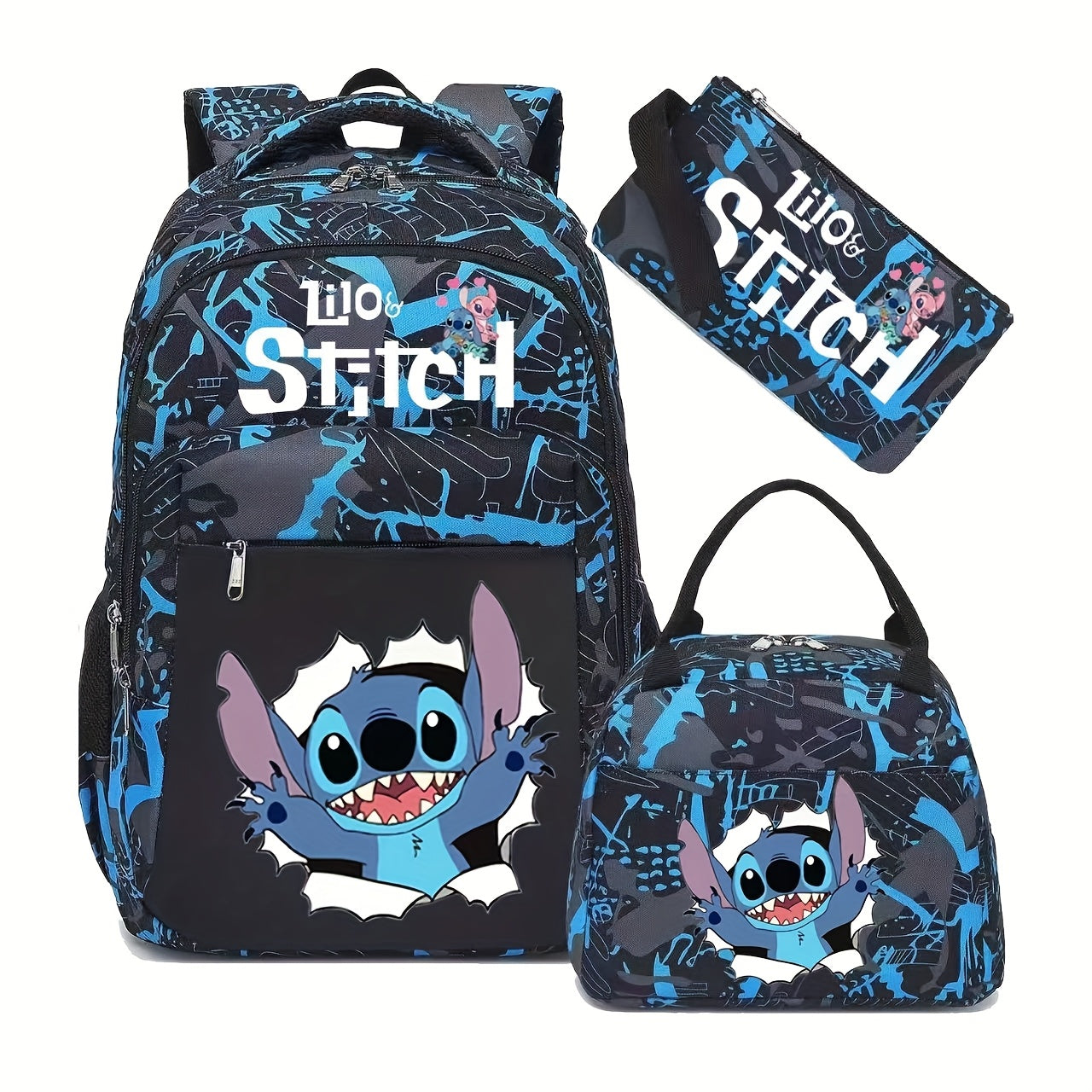 3-Piece Backpack Set with Character Print and Striped Design