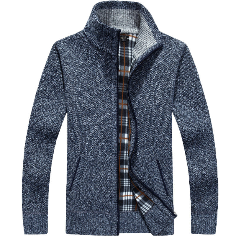 Men's Zip-Up Knit Jacket with Plaid Lining