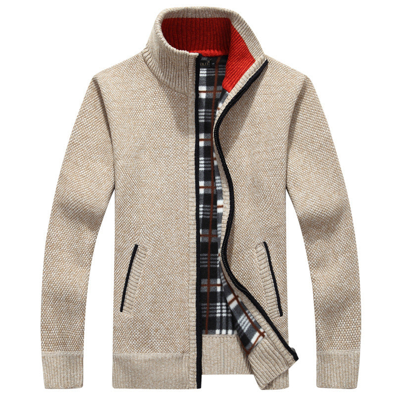 Men's Zip-Up Knit Jacket with Plaid Lining