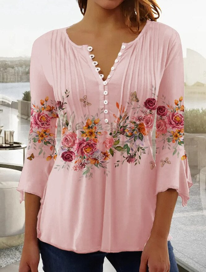 Women's Printed V-Neck Long Sleeve Blouse