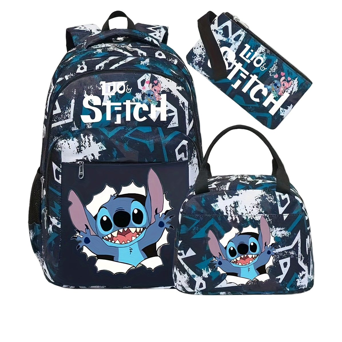 3-Piece Backpack Set with Character Print and Striped Design