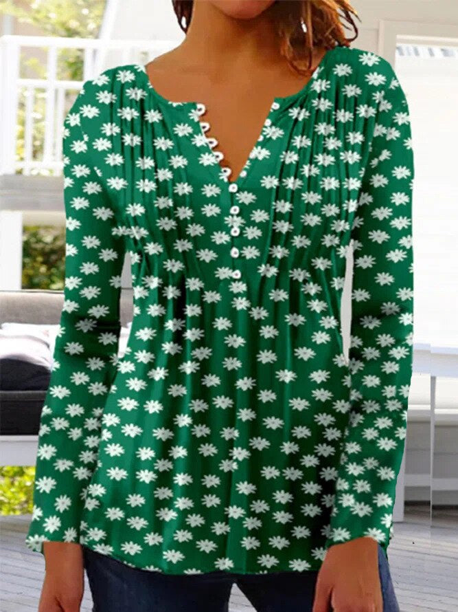Women's Printed V-Neck Long Sleeve Blouse