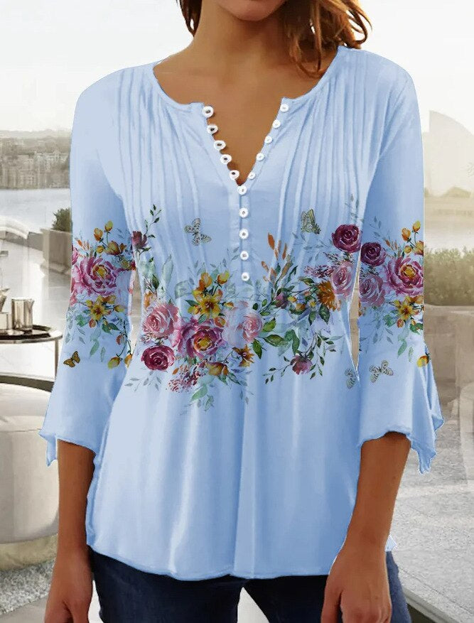 Women's Printed V-Neck Long Sleeve Blouse