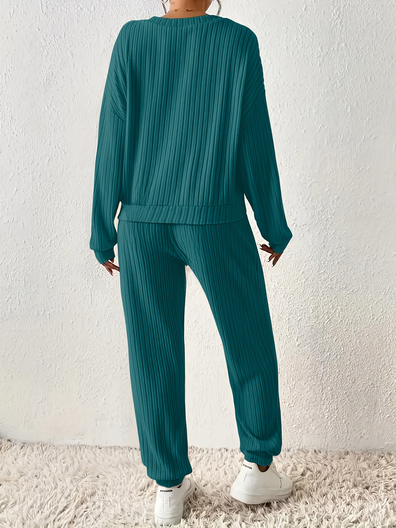 Women’s Ribbed V-Neck Loungewear Set – Two-Piece Solid Color