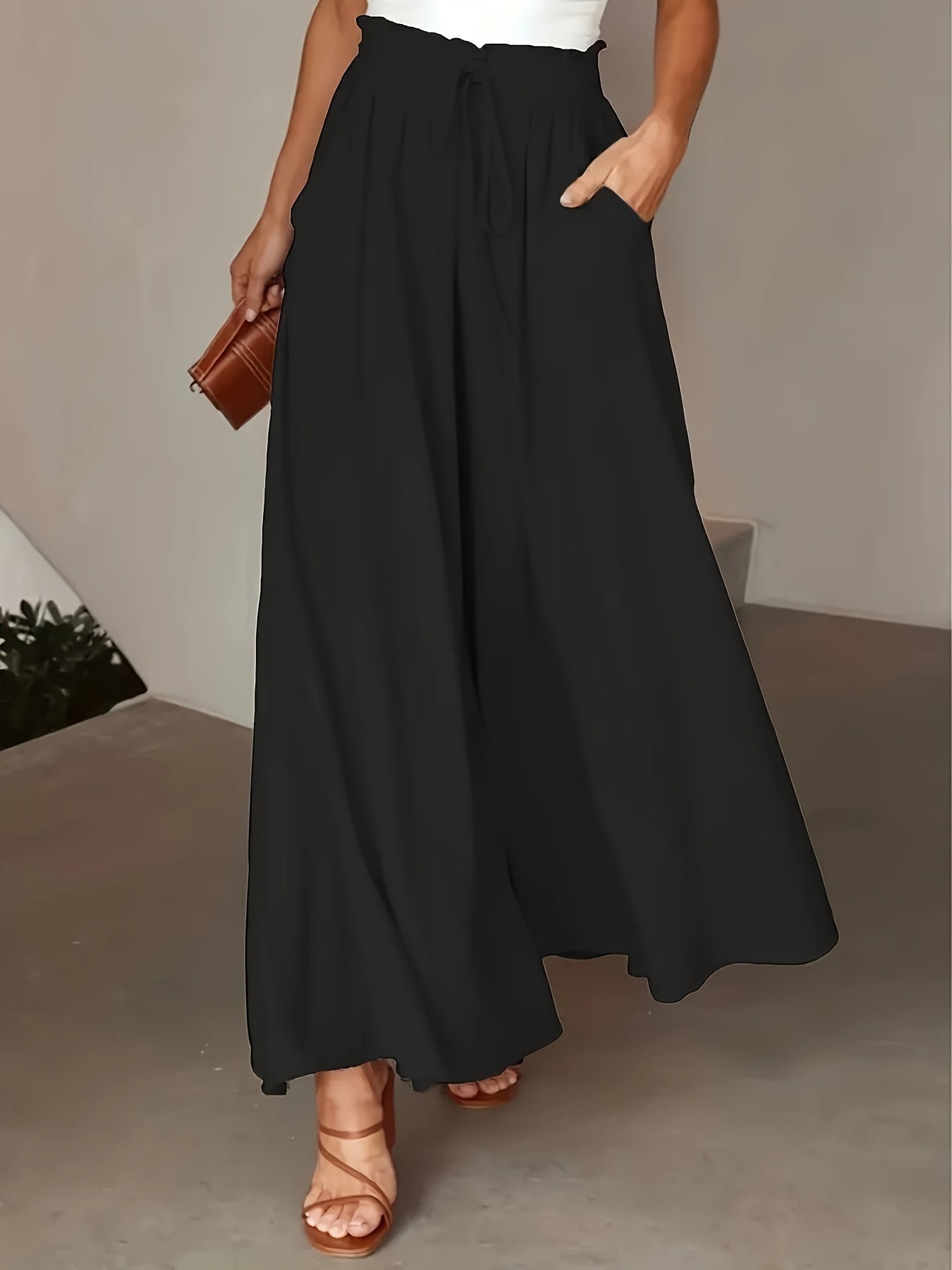 Women’s Wide Leg High Waist Long Pants with Elastic Waistband