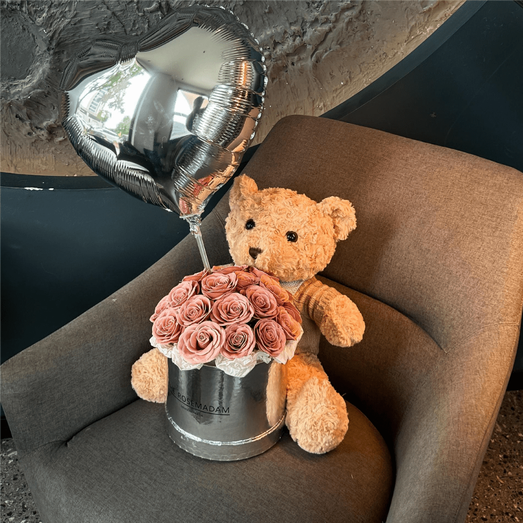 Rose Bouquet Gift Set with Plush Bear and Heart Balloons
