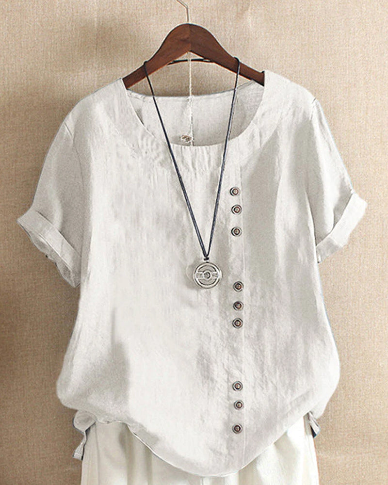 Short Sleeve Cotton Blouse with Button Detail