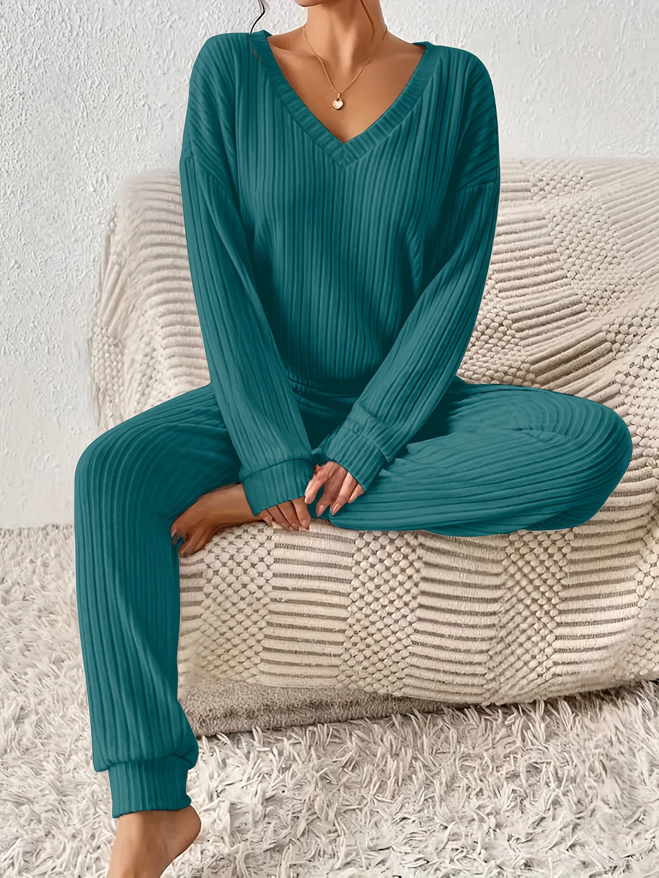 Women’s Ribbed V-Neck Loungewear Set – Two-Piece Solid Color