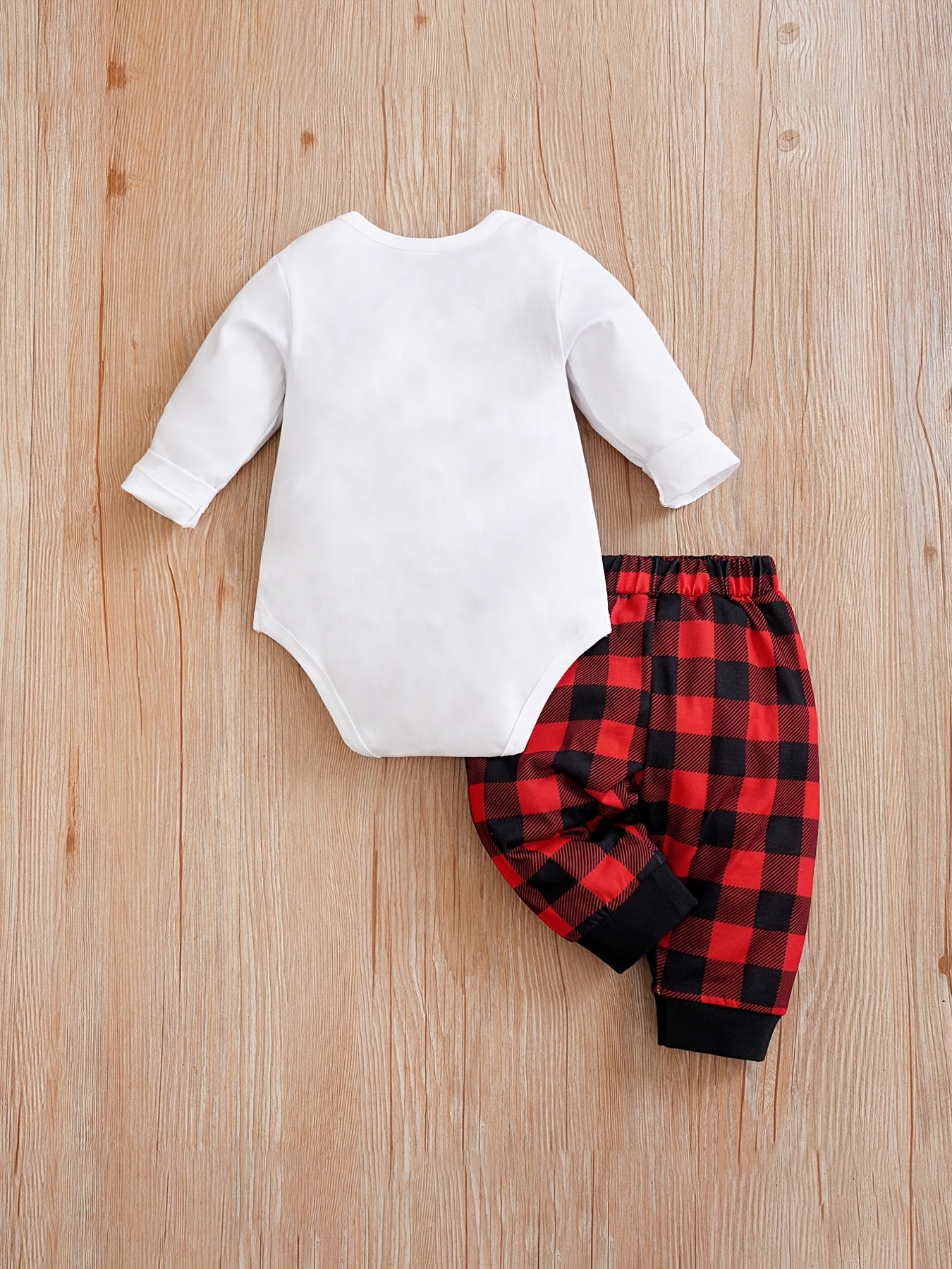 Baby Bodysuit and Plaid Pants Set with Festive Print