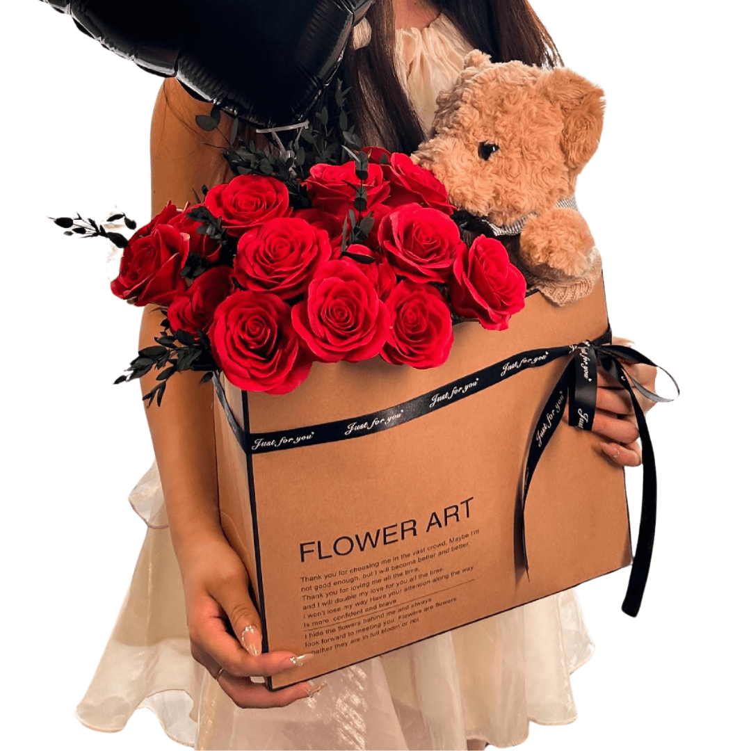 Rose Bouquet Gift Set with Plush Bear and Heart Balloons