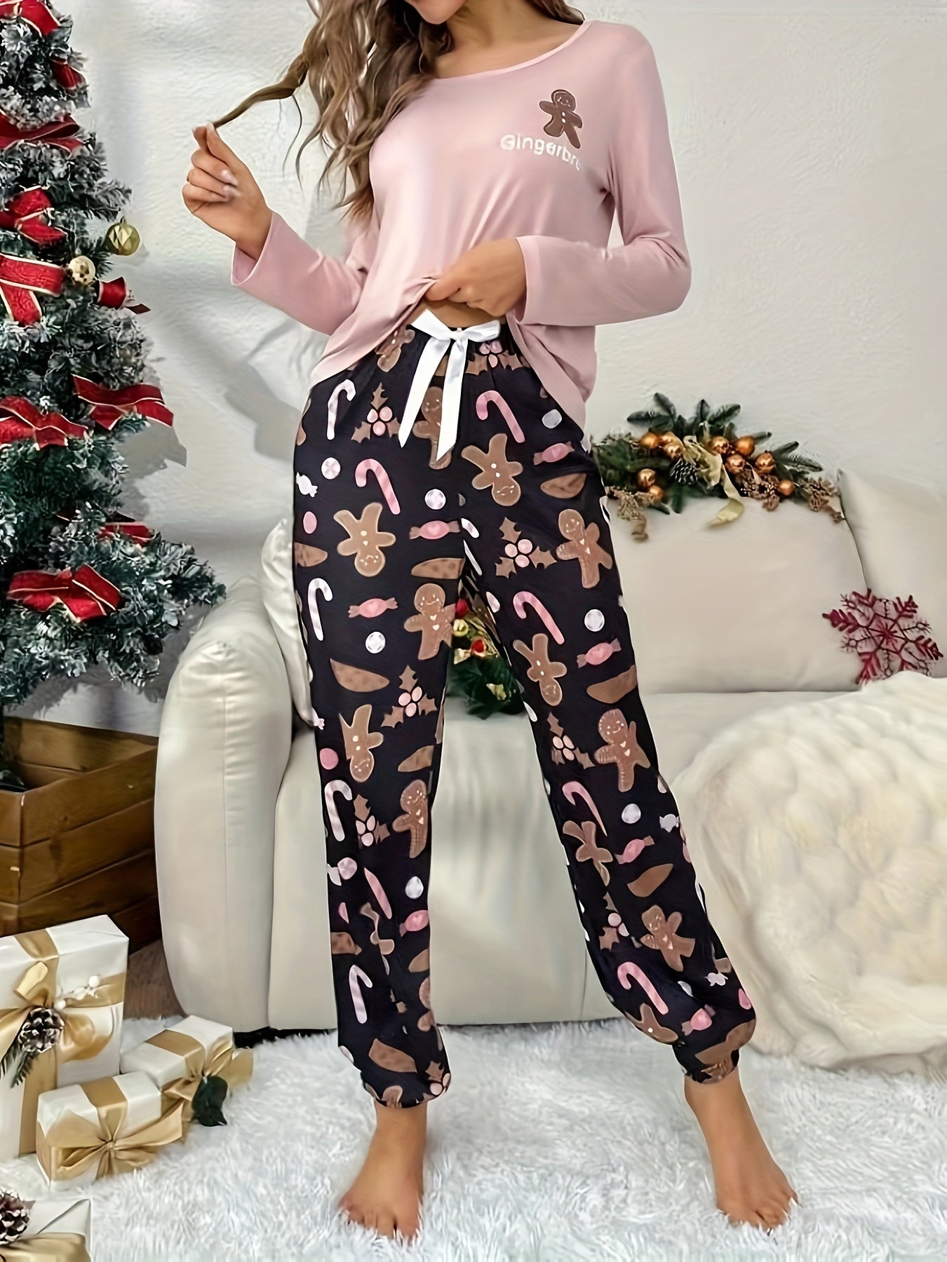 Women's Long Sleeve Pajama Set – Crew Neck Top and Printed Pants