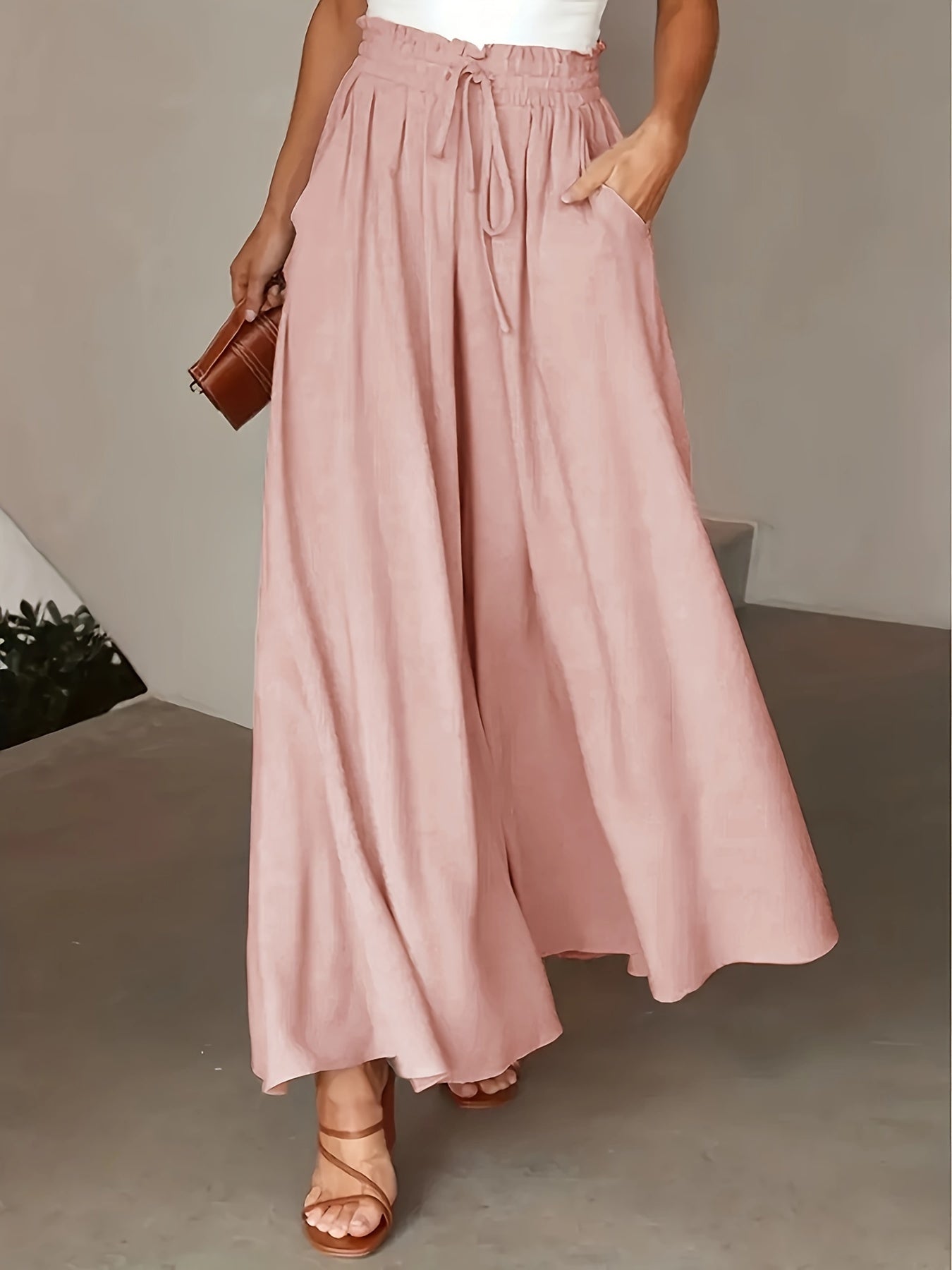 Women’s Wide Leg High Waist Long Pants with Elastic Waistband