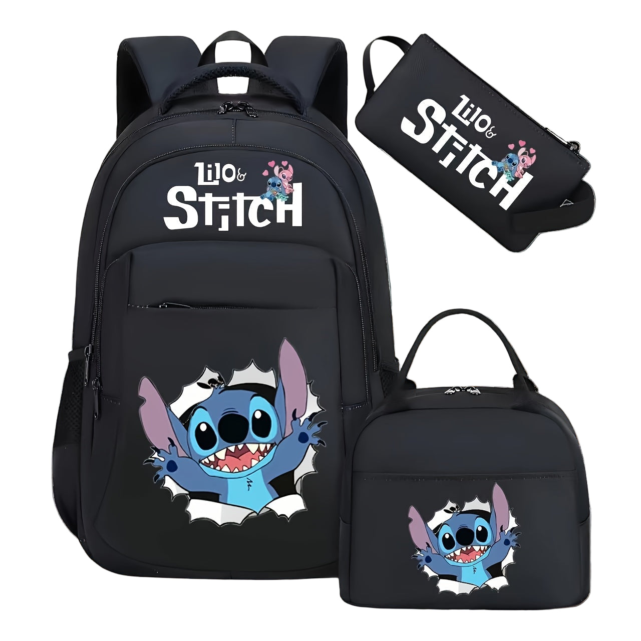 3-Piece Backpack Set with Character Print and Striped Design