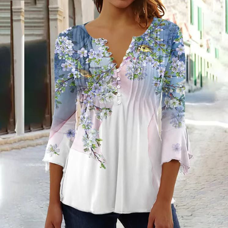 Women's Printed V-Neck Long Sleeve Blouse