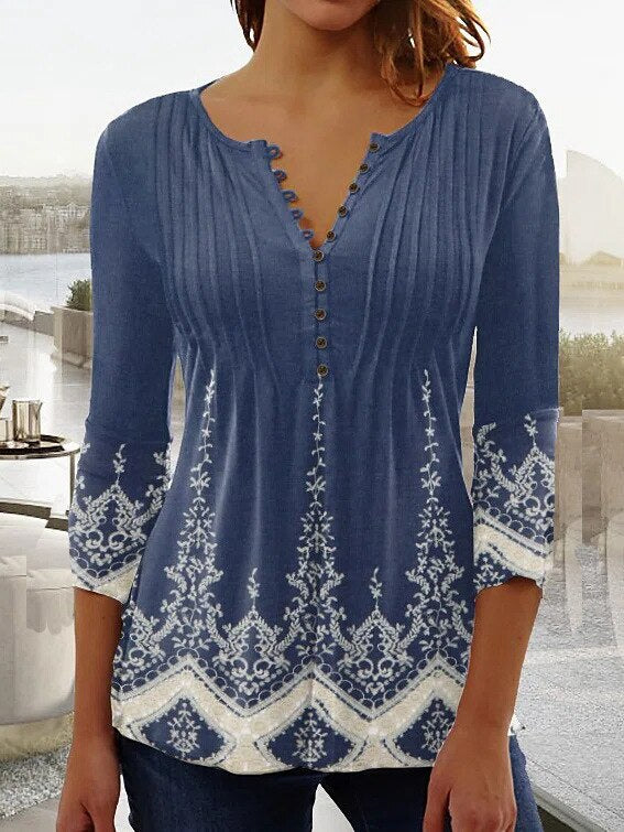 Women's Printed V-Neck Long Sleeve Blouse