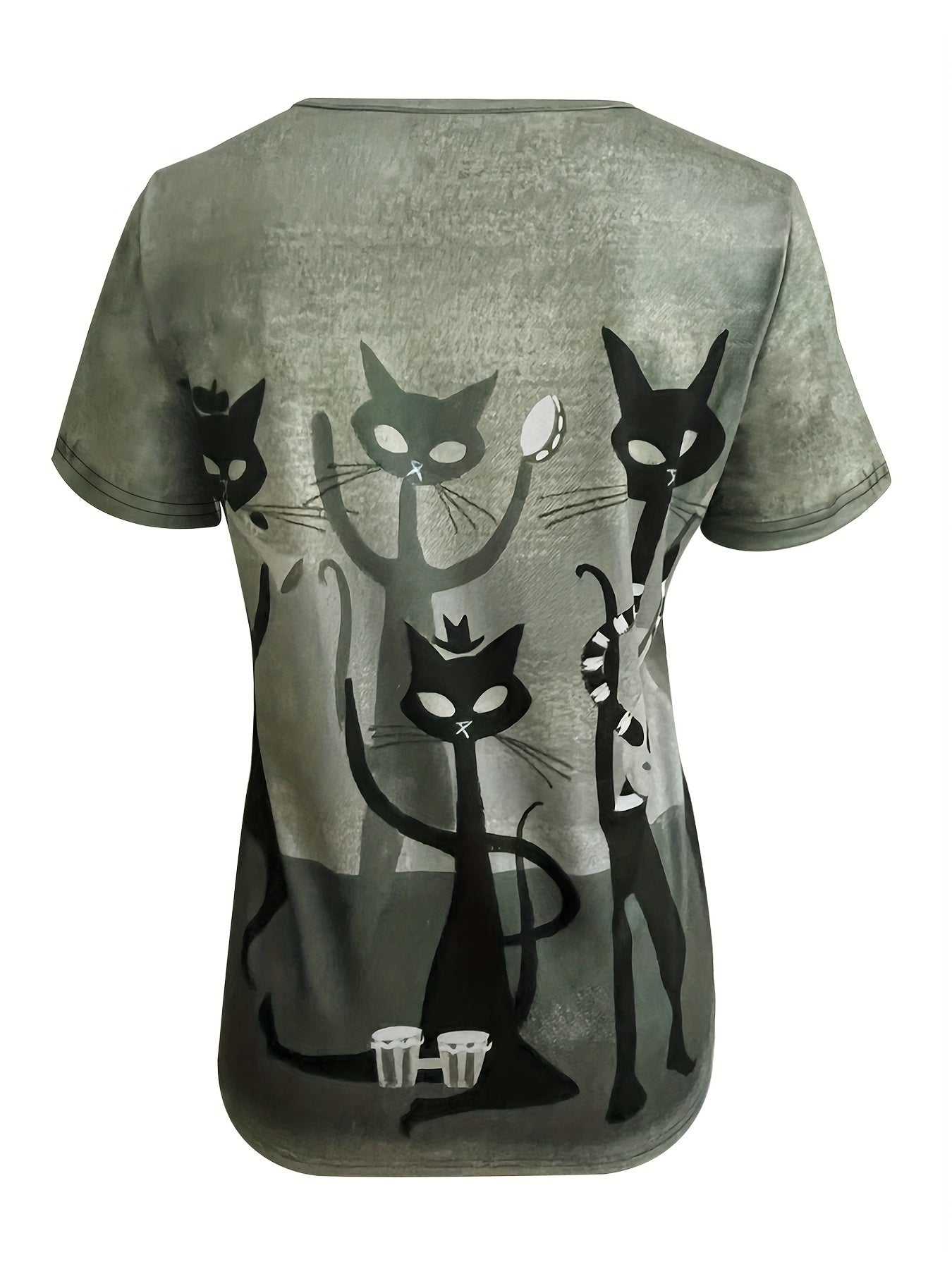 Women’s Casual V-Neck T-Shirt with Cat Print – Olive