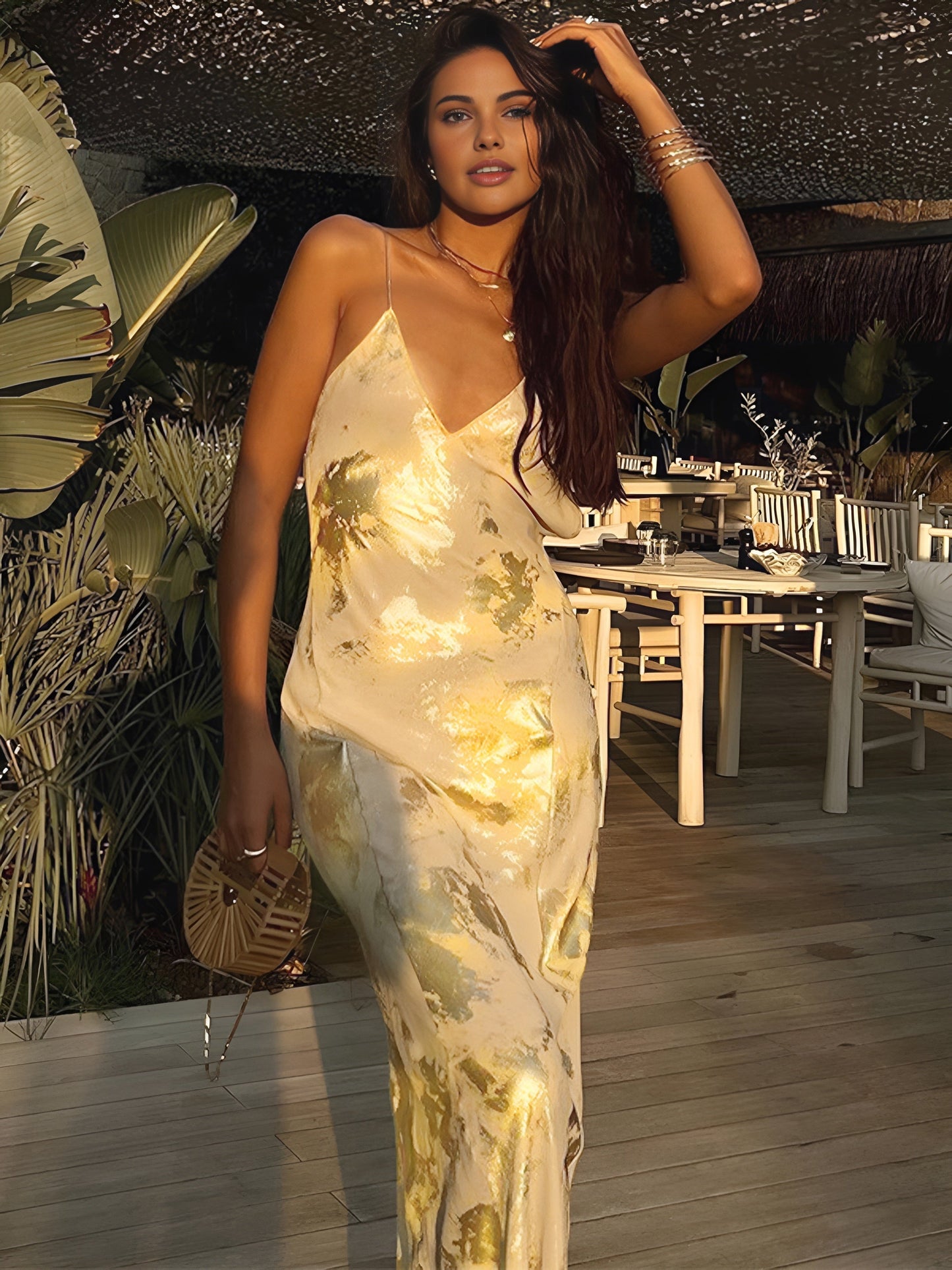 Elegant V-Neck Maxi Dress with Metallic Print