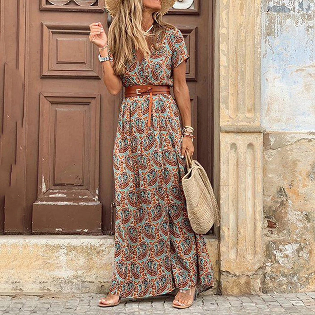Elegant Boho Maxi Dress with Belt