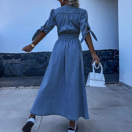 Chic Denim Maxi Dress with V-Neck