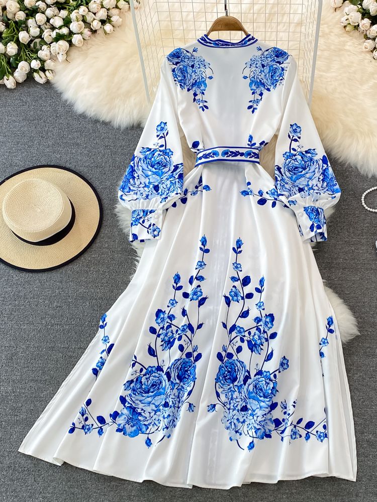Chic Vintage Floral Lantern Sleeve Dress