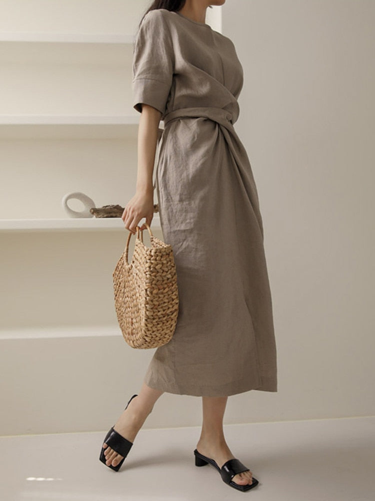 Elegant Khaki Maxi Dress - V-Neck Comfort