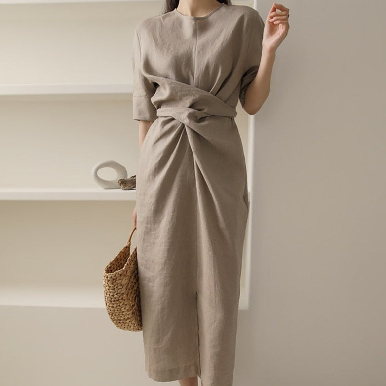 Elegant Khaki Maxi Dress - V-Neck Comfort