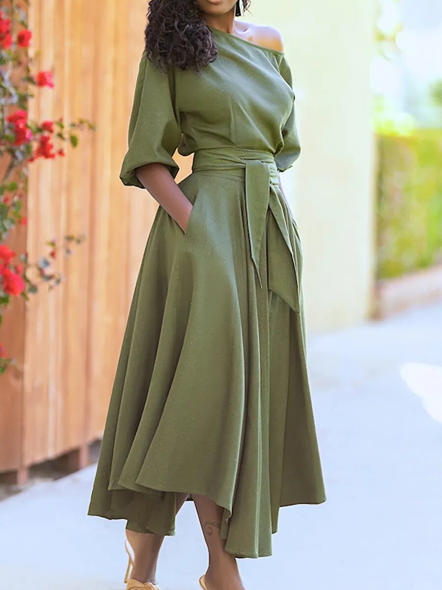 Elegant Off-the-Shoulder Lantern Sleeve Dress