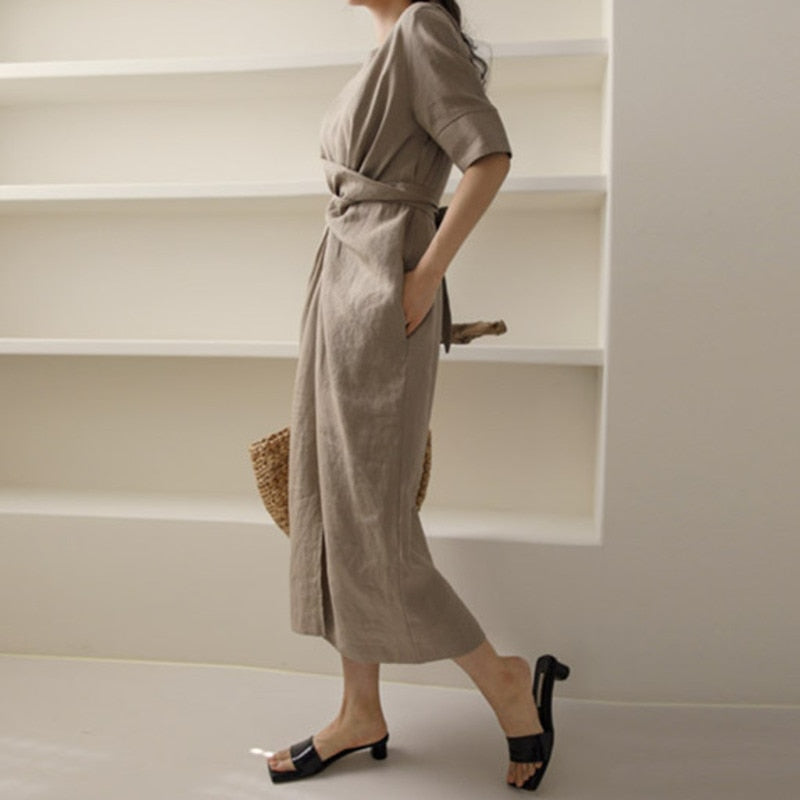 Elegant Khaki Maxi Dress - V-Neck Comfort