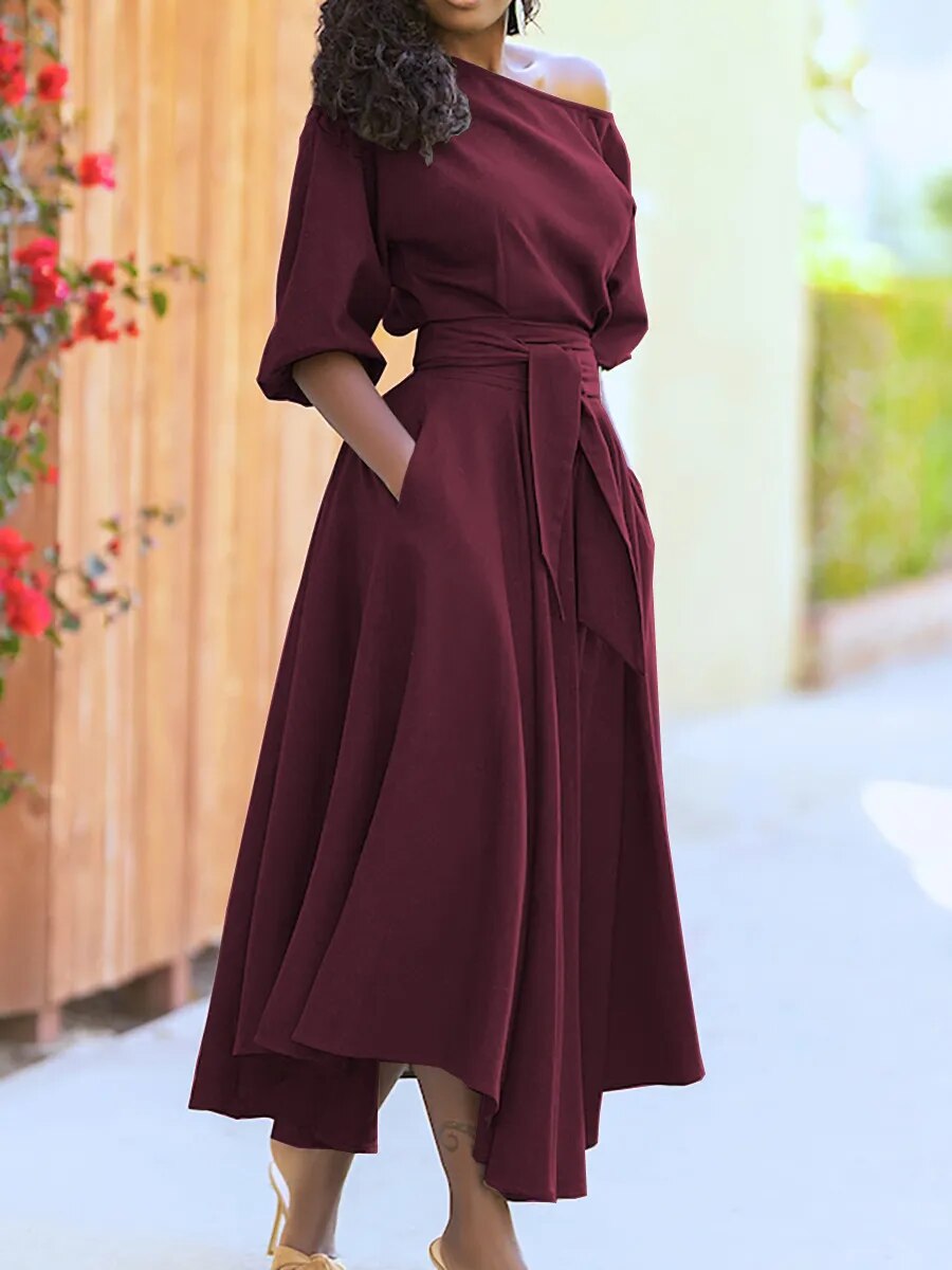Elegant Off-the-Shoulder Lantern Sleeve Dress