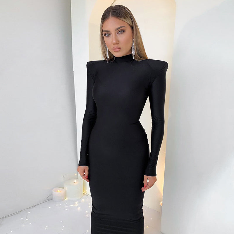 Chic Women's Maxi Dress with Shoulder Pads