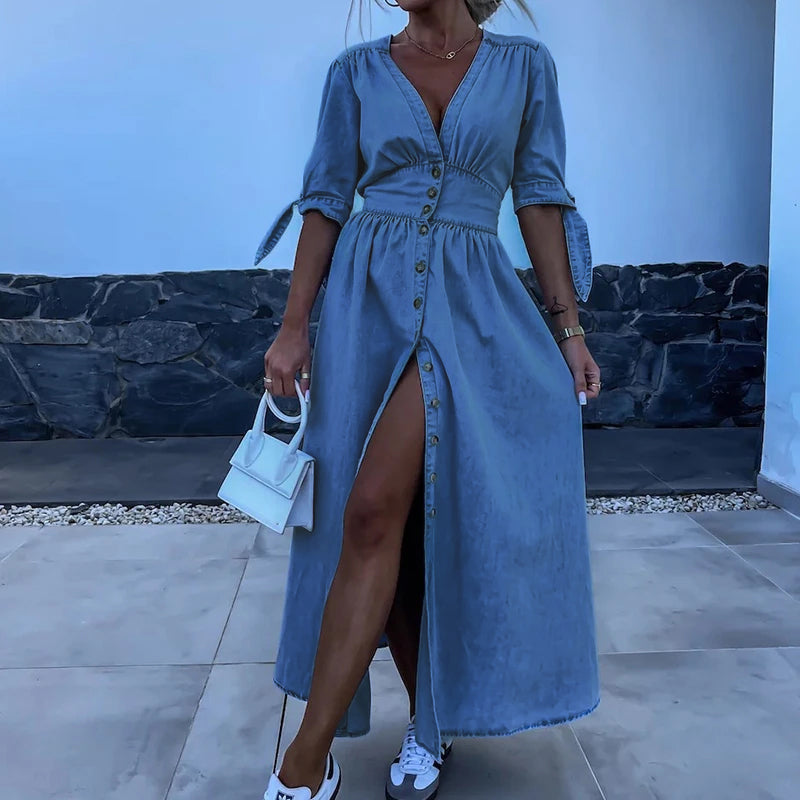 Chic Denim Maxi Dress with V-Neck