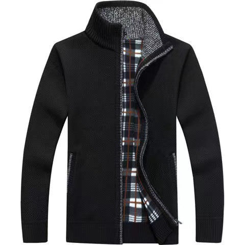 Men's Zip-Up Knit Jacket with Plaid Lining