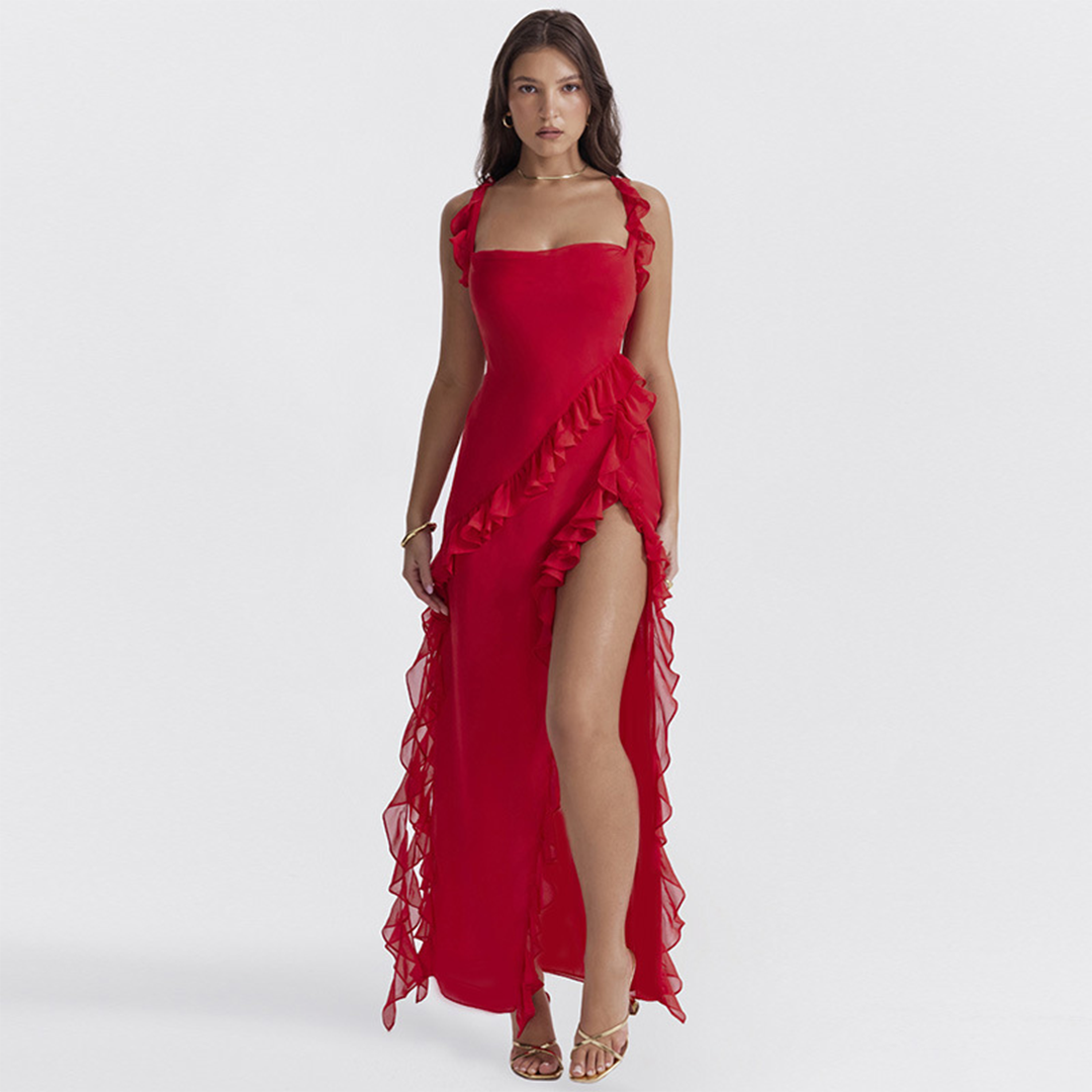 Elegant Ruched Maxi Dress with Slit