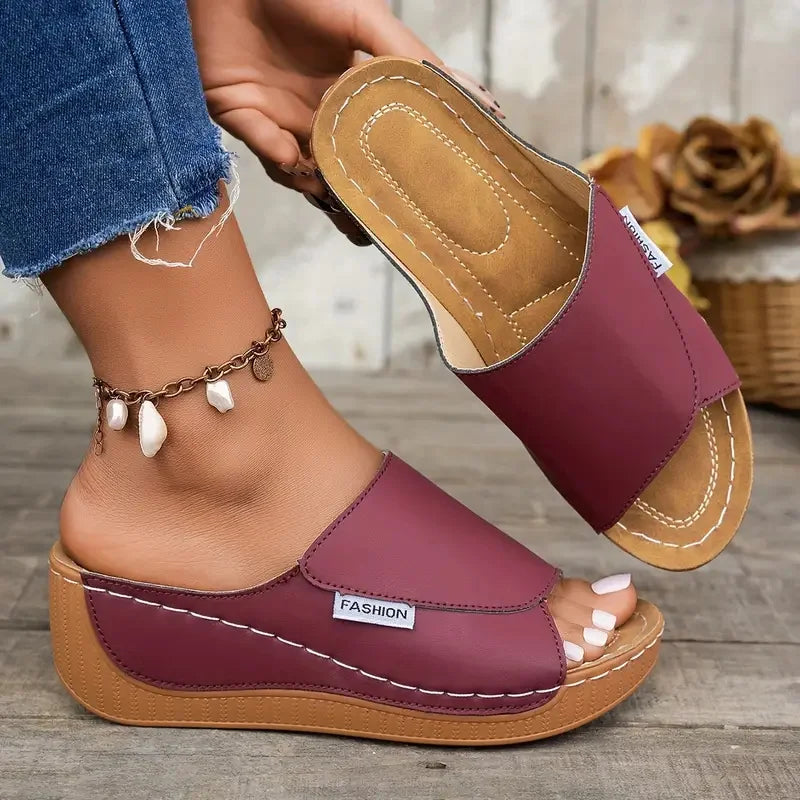 Wedge Sandals with Open Toe and Buckle Strap
